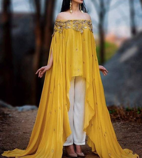image of zardosi embroidered contrasting off shoulder gown